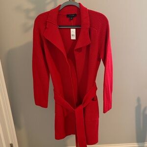Ann Taylor Red Ribbed Knit Duster Cardigan with Tie Belt
